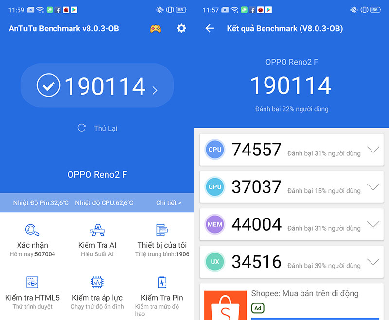 Điện thoại OPPO Reno2 F | Điểm hiệu năng Antutu Benchmark