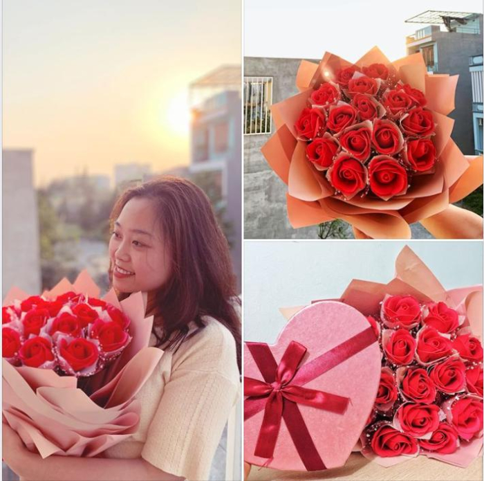 Nụ cười hạnh phúc của bạn gái khi được tặng hoa và quà nhân dịp Valentine