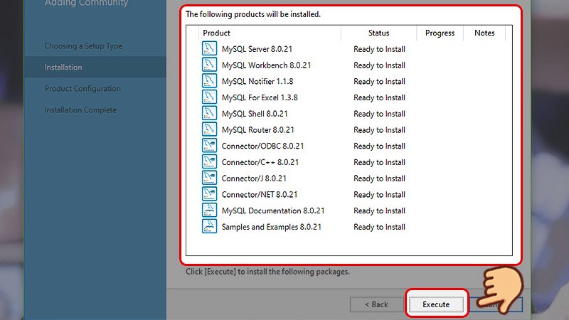 Bộ cài hiển thị danh sách các gói sẽ được cài vào, chọn Execute Bộ cài hiển thị danh sách các gói sẽ được cài vào, chọn Execute