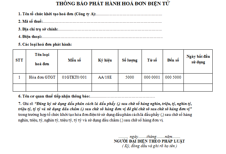Thủ tục đăng ký sử dụng hóa đơn điện tử cho doanh nghiệp Mẫu số 2: Thông báo phát hành hóa đơn điện tử.