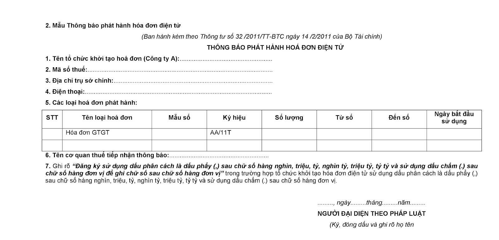 Mẫu 02: Thông báo phát hành hóa đơn điện tử