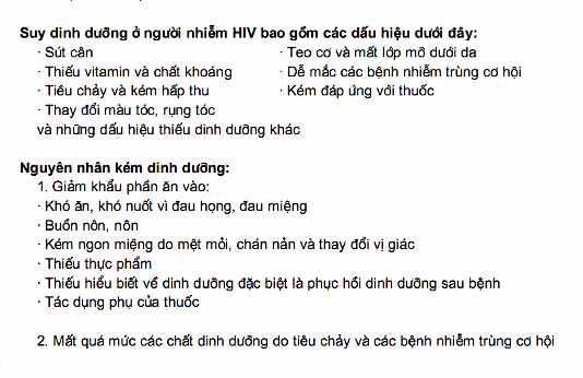 Dấu hiệu và nguyên nhân suy dinh dưỡng ở người nhiễm hiv