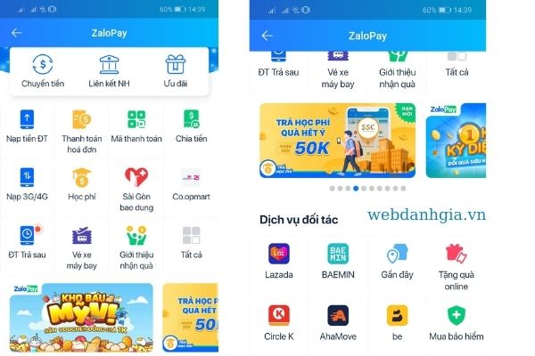 Giao diện trên ví điện tử Zalo Pay Giao diện trên ví điện tử Zalo Pay